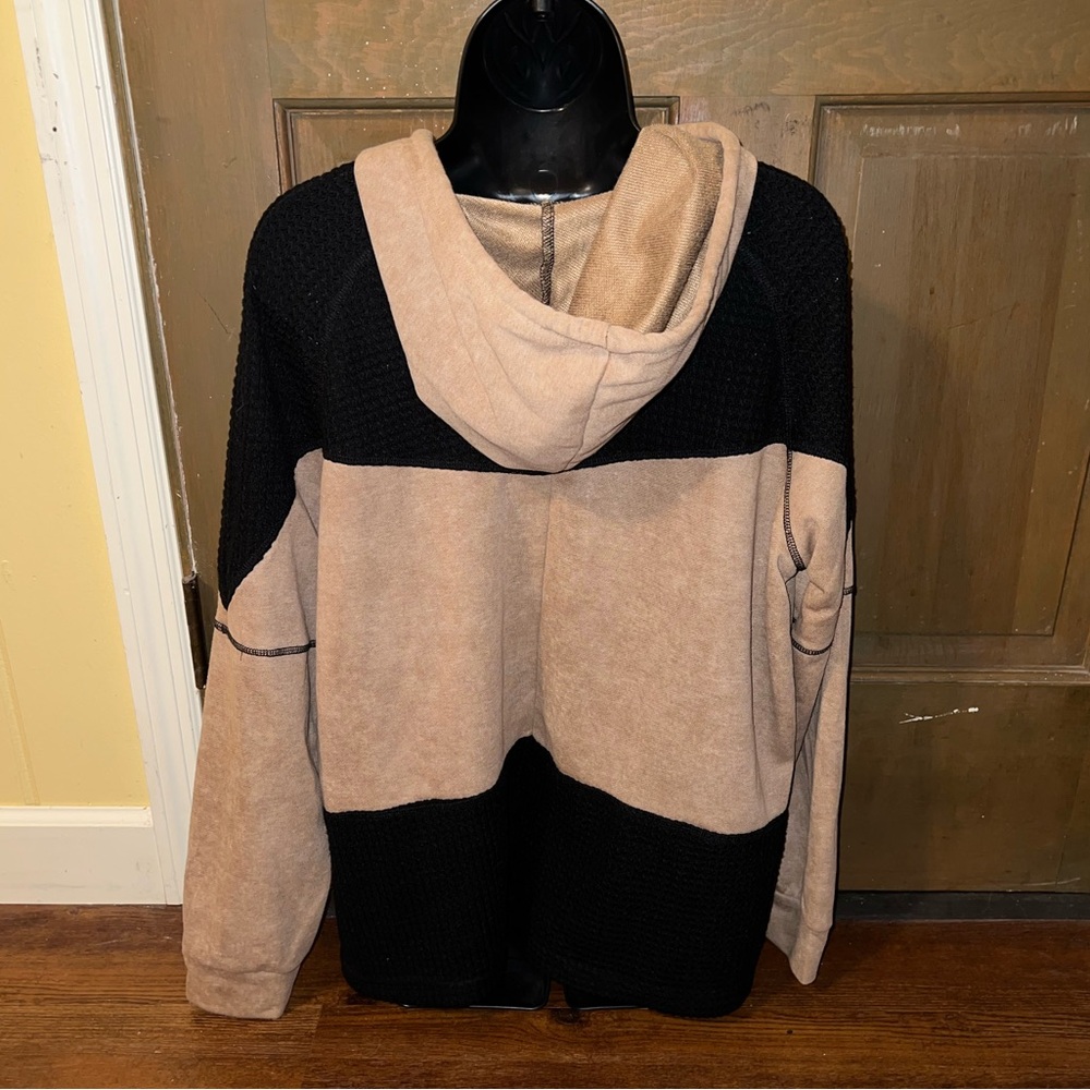 Tan & Black Boho Long Sleeve Full Zip Up Hooded Colorblock Jacket Size L - Picture 7 of 11